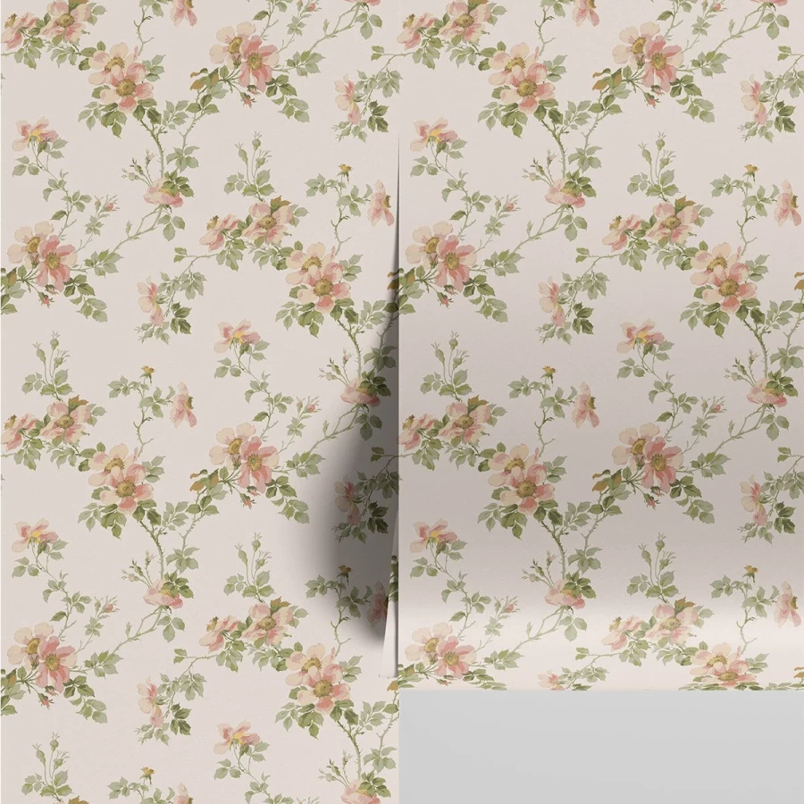 "Piglet in Bed Cream Blush Field Rose Floral Wallpaper – Peel & Stick"