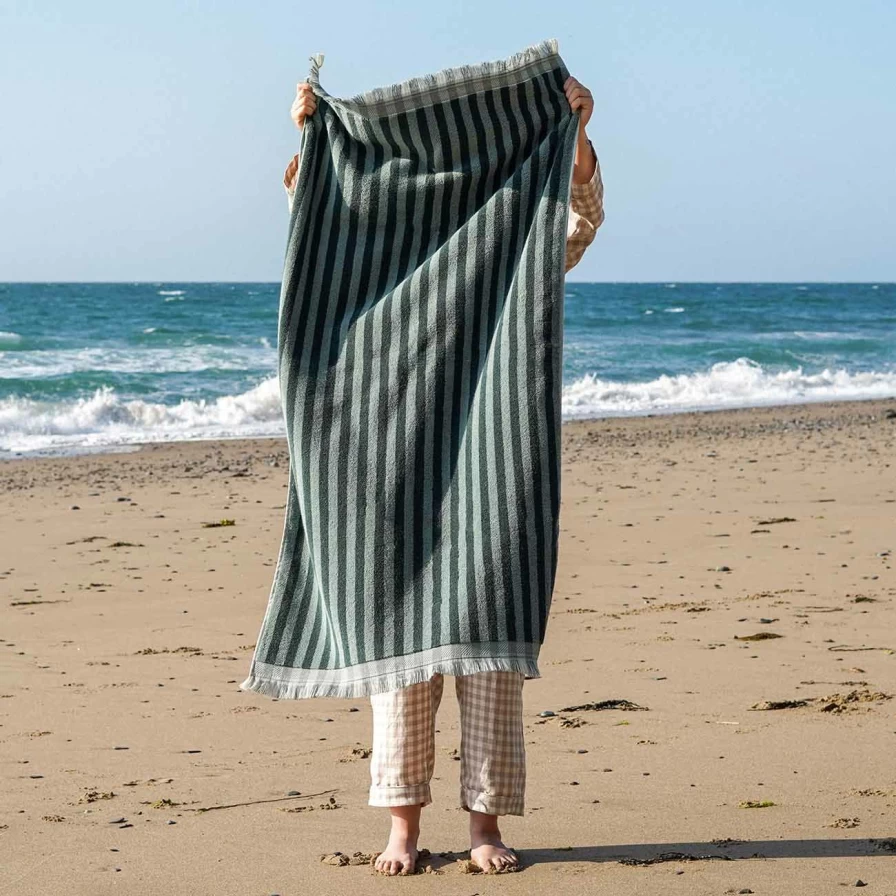 Piglet in Bed Pine Green Striped Organic Cotton Bath Towel - Soft & Absorbent