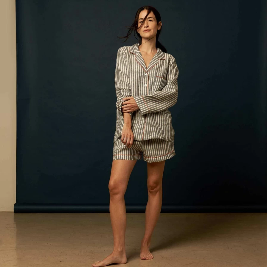 Piglet in Bed Women's Midnight Stripe Linen Pajama Shorts Set - Soft Sleepwear Lounge Set