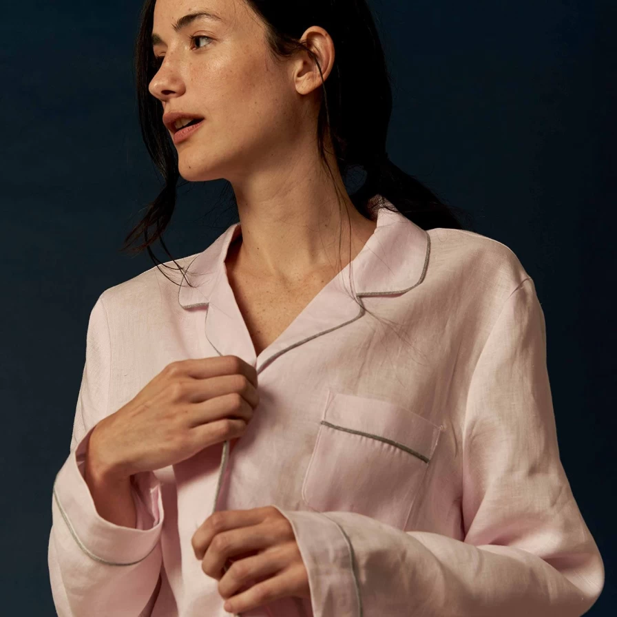 Piglet in Bed Blush Pink Linen Pajama Shirt Top for Women - Soft Sleepwear & Loungewear