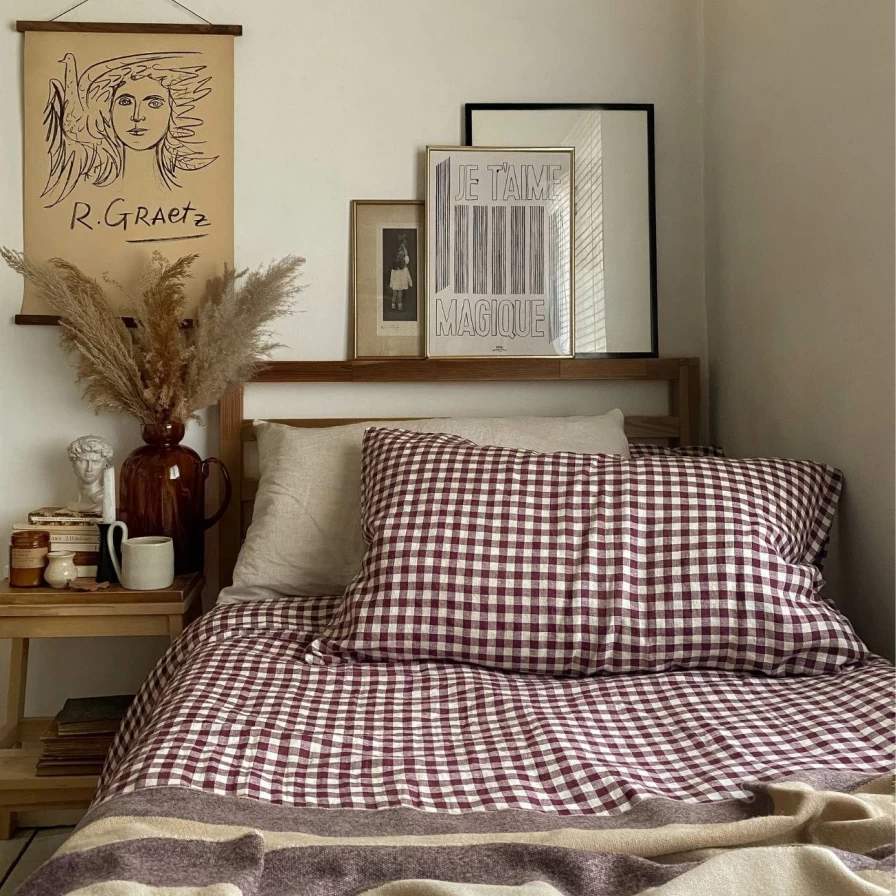 Piglet in Bed Berry Gingham Linen Pillowcase Set - 100% Organic Cotton, Pair, Breathable & Soft