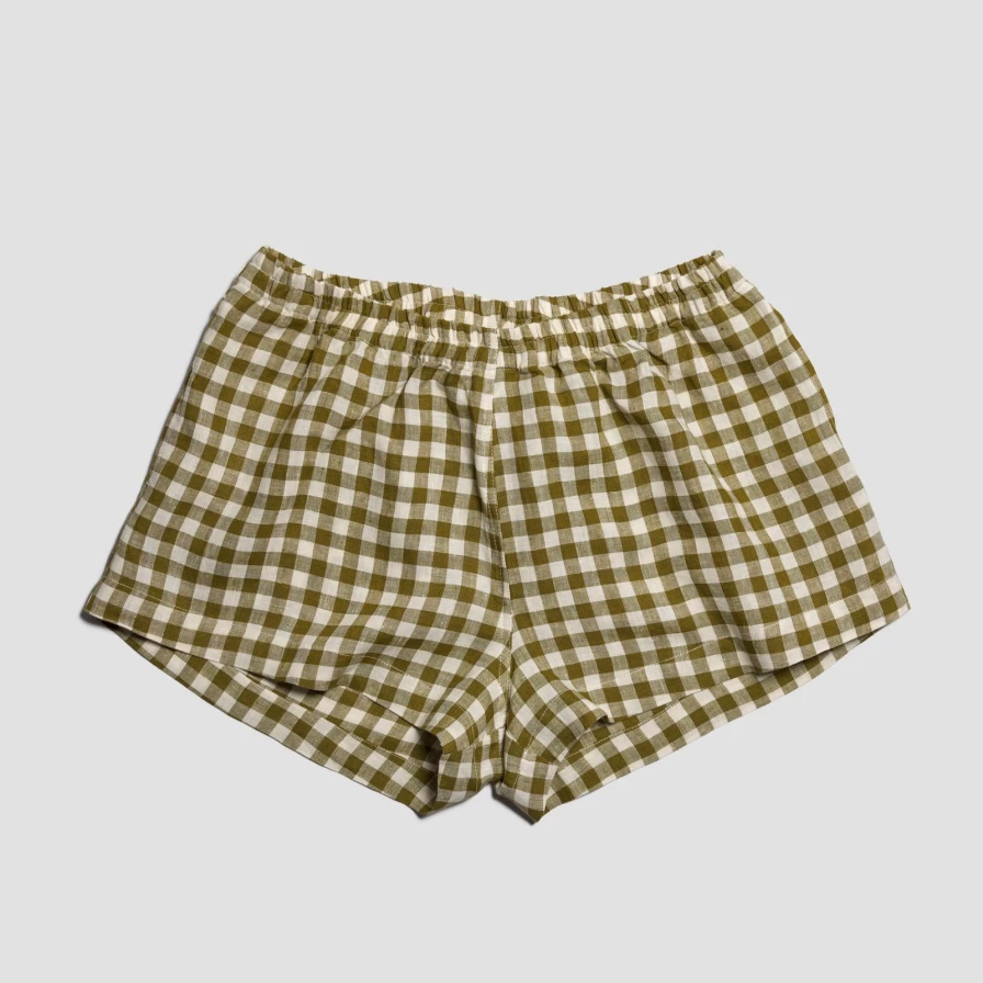 Piglet in Bed Women's Botanical Green Gingham Linen Pajama Shorts Set - Comfortable Summer Sleepwear