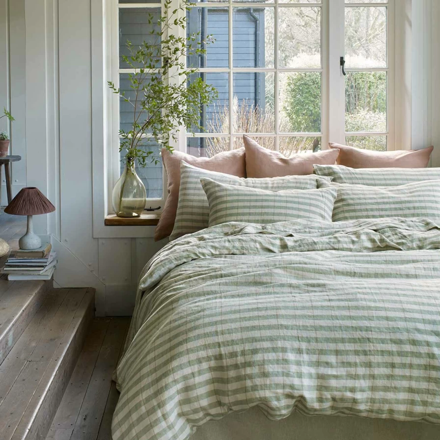 Piglet in Bed 100% Linen Duvet Cover - Classic Pear & Check Stripe Design - Breathable Bedding Set