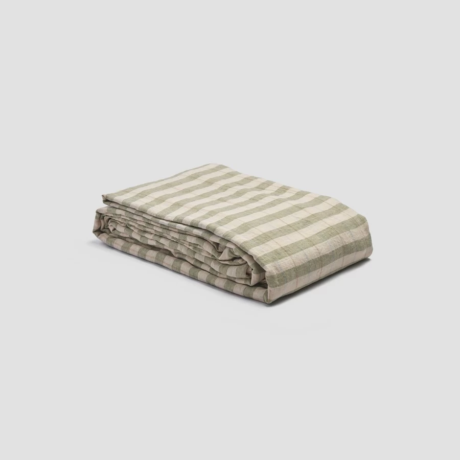 Piglet in Bed 100% Linen Duvet Cover - Classic Pear & Check Stripe Design - Breathable Bedding Set