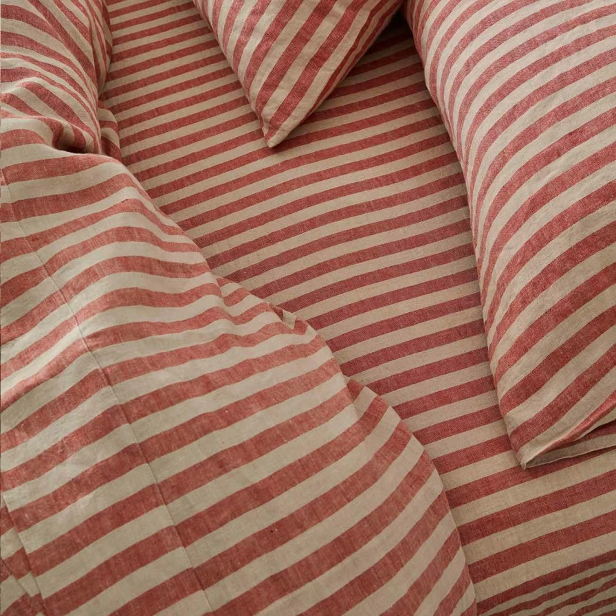 Piglet in Bed Red Sandstone Striped Linen Fitted Sheet - Premium Quality