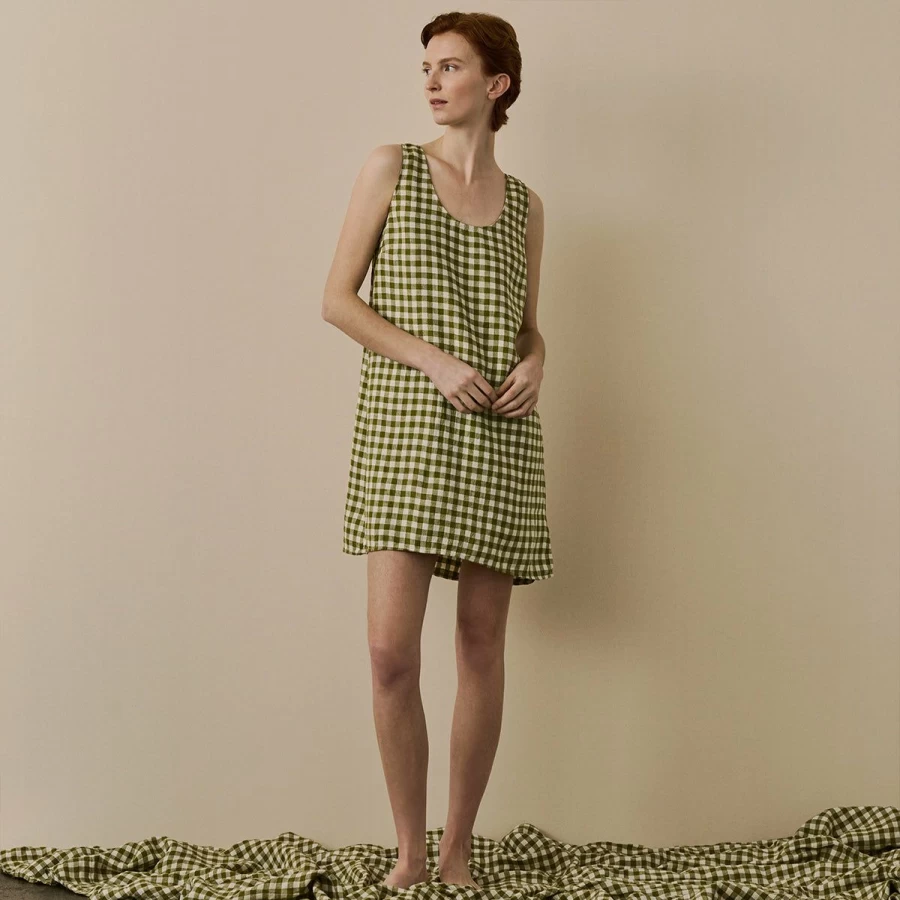 Piglet in Bed Women's Botanical Green Gingham Linen Nightdress - Organic Sleepwear
