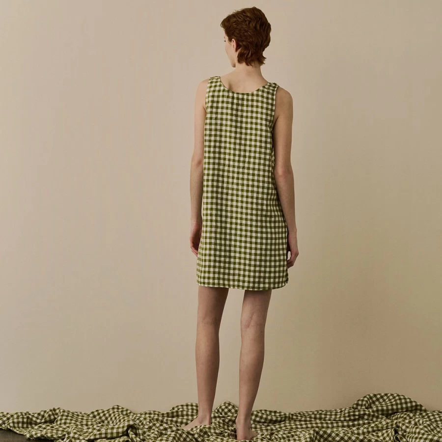 Piglet in Bed Women's Botanical Green Gingham Linen Nightdress - Organic Sleepwear