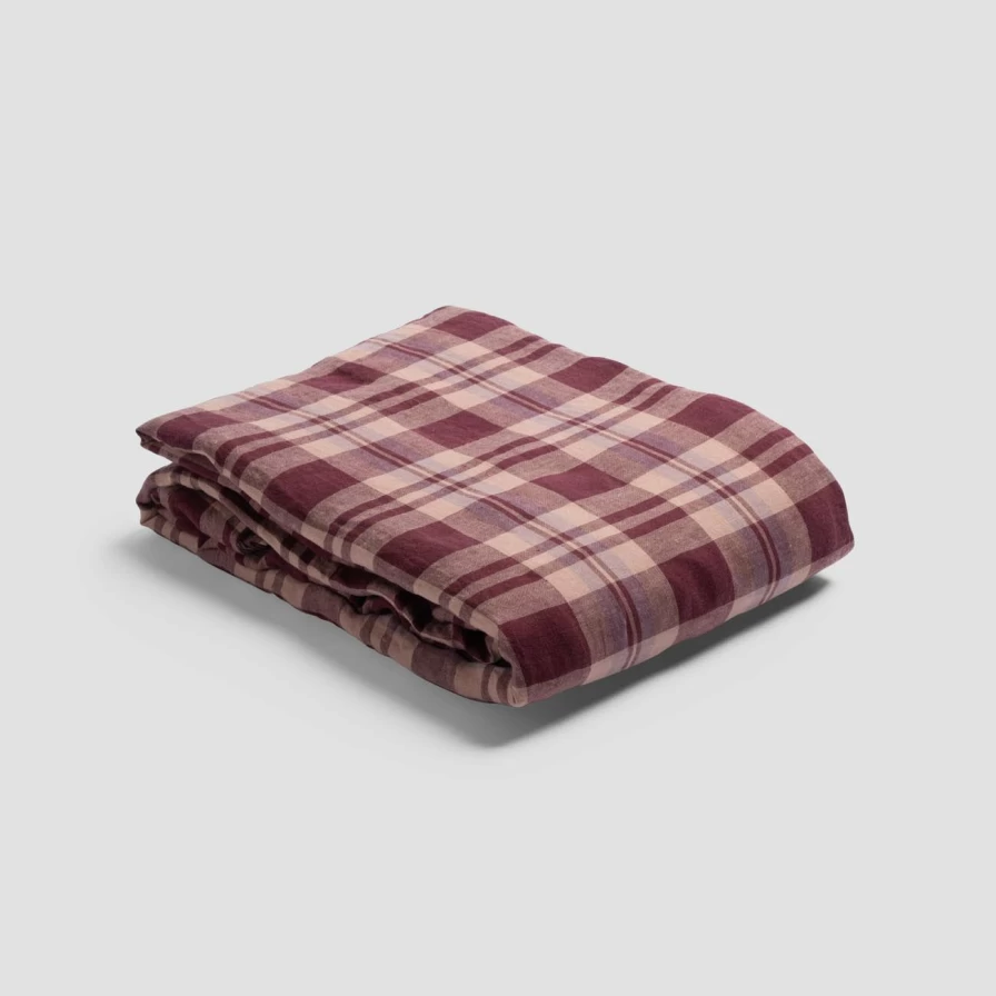 Piglet in Bed Berry Check 100% Linen Duvet Cover Set - Breathable & Washable Bedding
