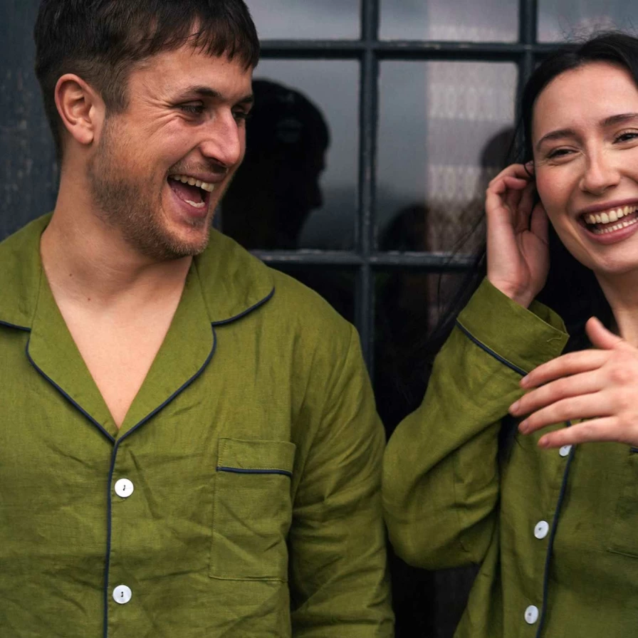 Piglet in Bed Men's Moss Green Linen Pyjama Shirt - Relaxed Fit Sleepwear Top