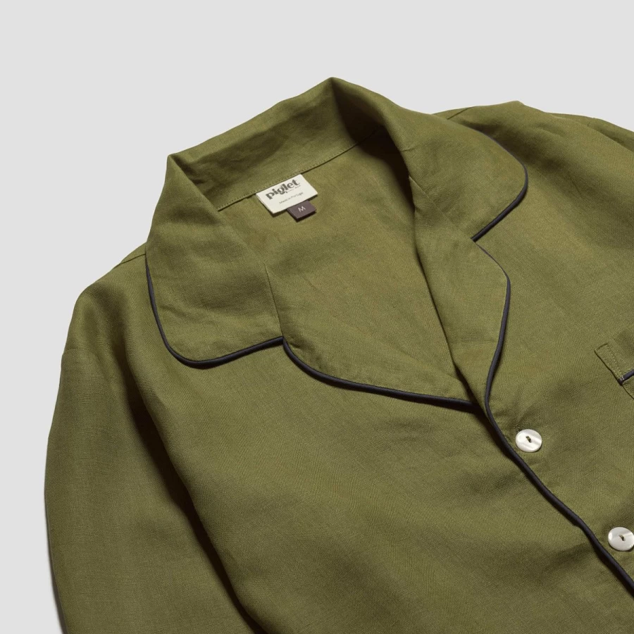 Piglet in Bed Men's Moss Green Linen Pyjama Shirt - Relaxed Fit Sleepwear Top