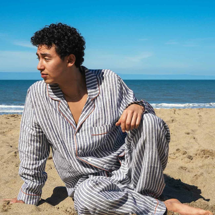 Piglet in Bed Men's Midnight Stripe Linen Pyjama Set - Comfortable Sleepwear Pants for Men