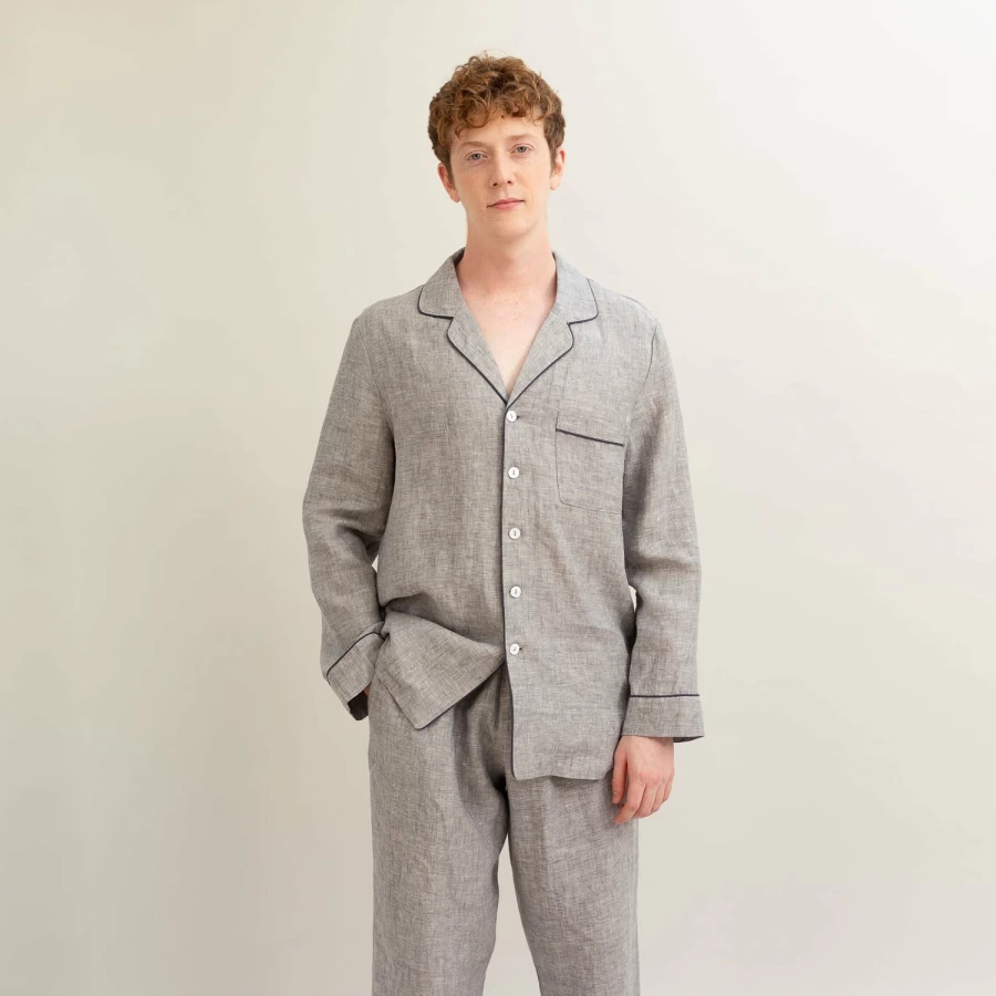 Piglet in Bed Men's Grey Linen Sleep Shirt - Relaxed Fit Pyjama Top