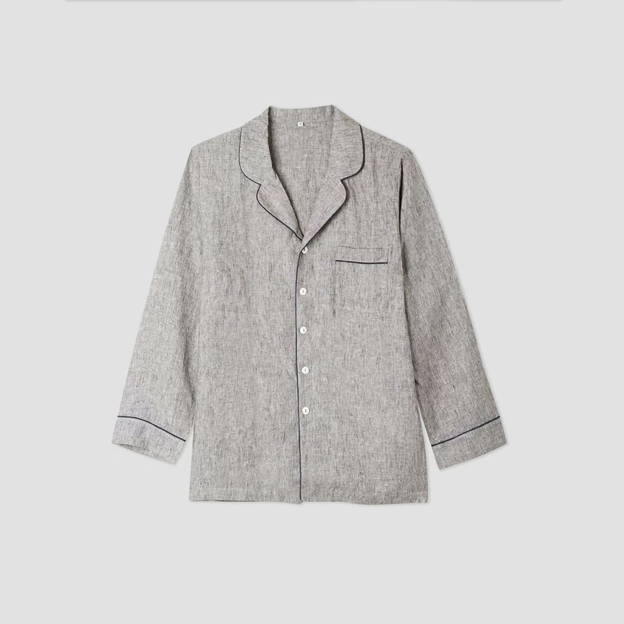 Piglet in Bed Men's Grey Linen Sleep Shirt - Relaxed Fit Pyjama Top