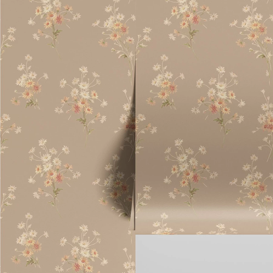 "Piglet in Bed Warm Taupe Daisy Bouquet Peel and Stick Wallpaper"