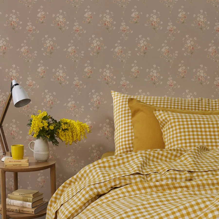 "Piglet in Bed Warm Taupe Daisy Bouquet Peel and Stick Wallpaper"