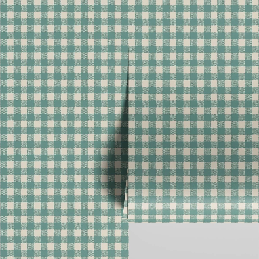 "Piglet in Bed Faded Teal Gingham Wallpaper – Vintage-Inspired Peel and Stick Wallpaper"