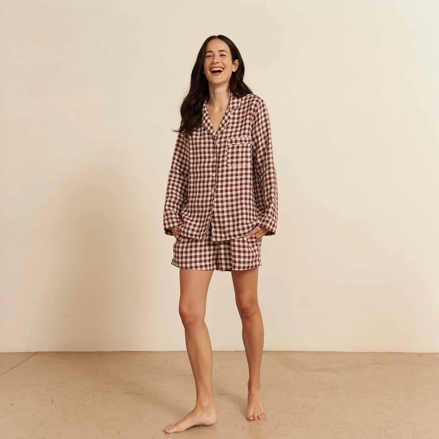 Piglet in Bed Berry Gingham Cotton Pyjama Shorts - Comfortable Sleepwear & Loungewear
