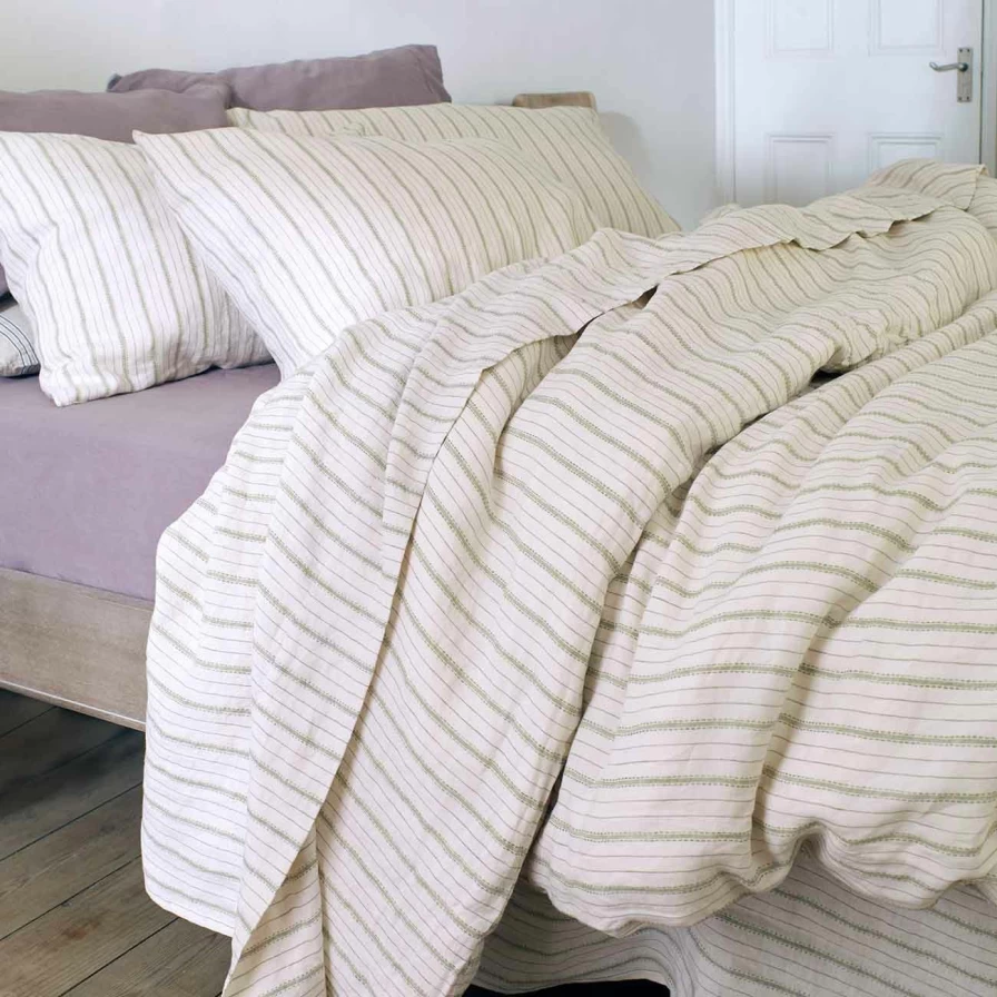 Piglet in Bed 100% Linen Flat Sheet - Pear Ticking Stripe - Breathable & Soft Bedding