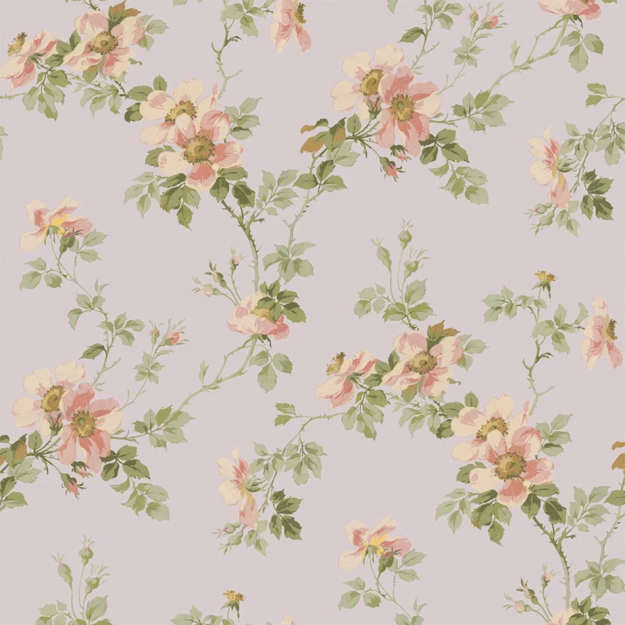 "Piglet in Bed Grey Lilac Field Rose Wallpaper – Floral Botanical Peel and Stick Wallpaper"