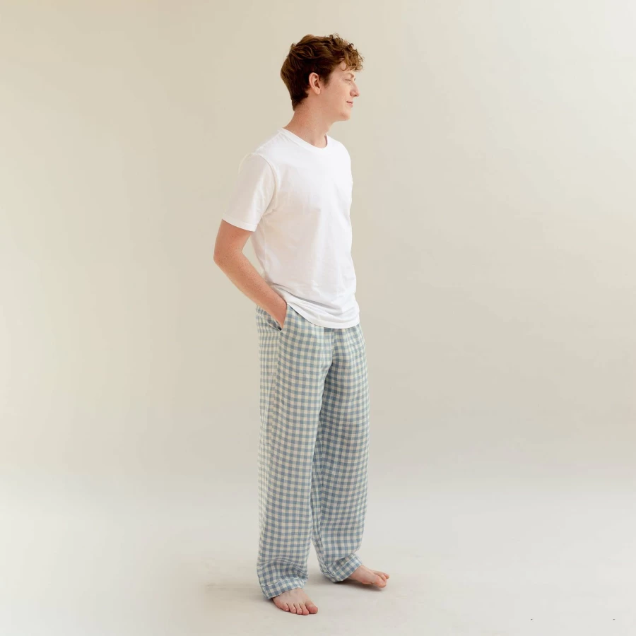 Piglet in Bed Men's Blue Gingham Linen Pyjama Pants - Warm & Comfortable Sleepwear