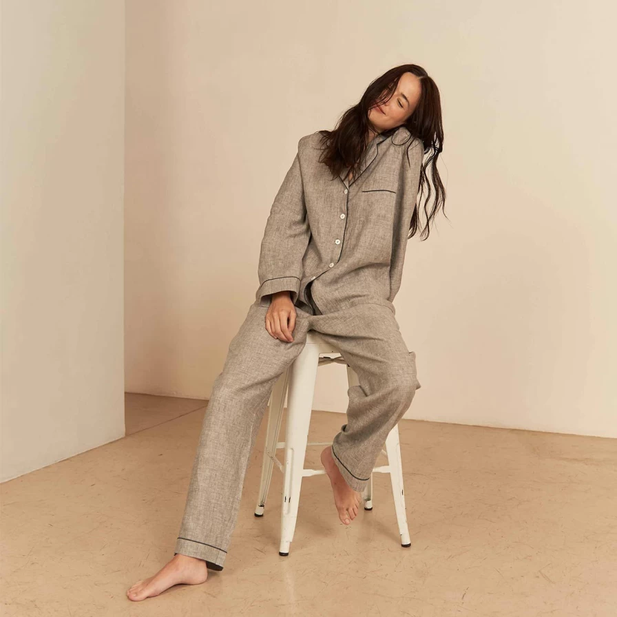 Piglet in Bed Grey Linen Pyjama Set - Comfortable Sleepwear Pants for Women & Men
