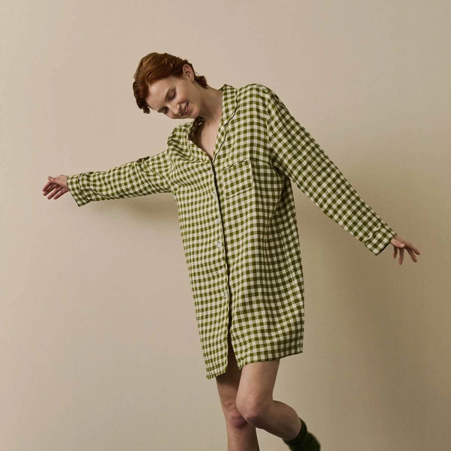 Piglet in Bed Botanical Green Gingham Linen Nightshirt - Organic Cotton Sleepwear for Women