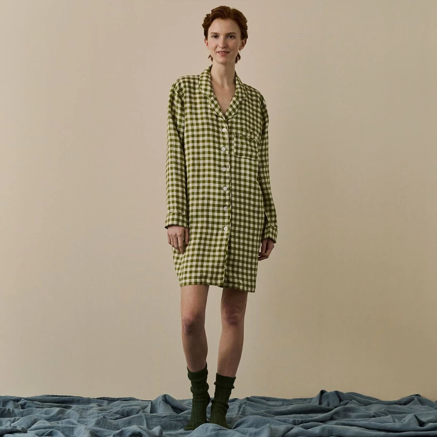 Piglet in Bed Botanical Green Gingham Linen Nightshirt - Organic Cotton Sleepwear for Women