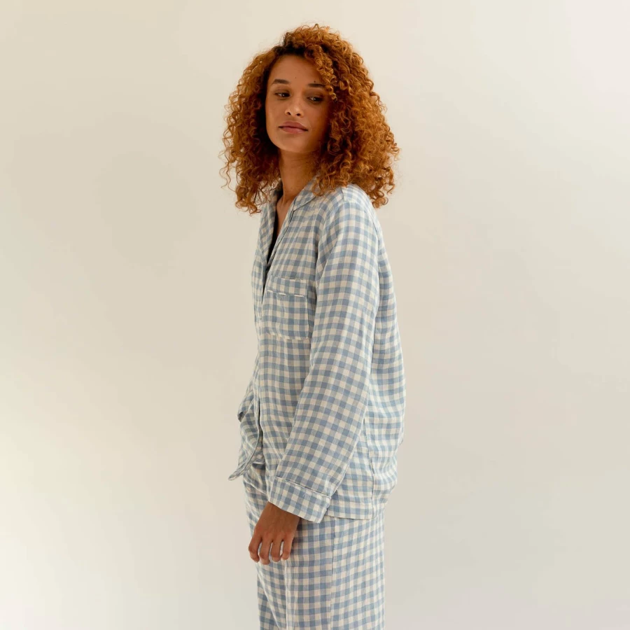 Piglet in Bed Blue Gingham Linen Sleep Shirt - Cozy & Breathable Pajama Top