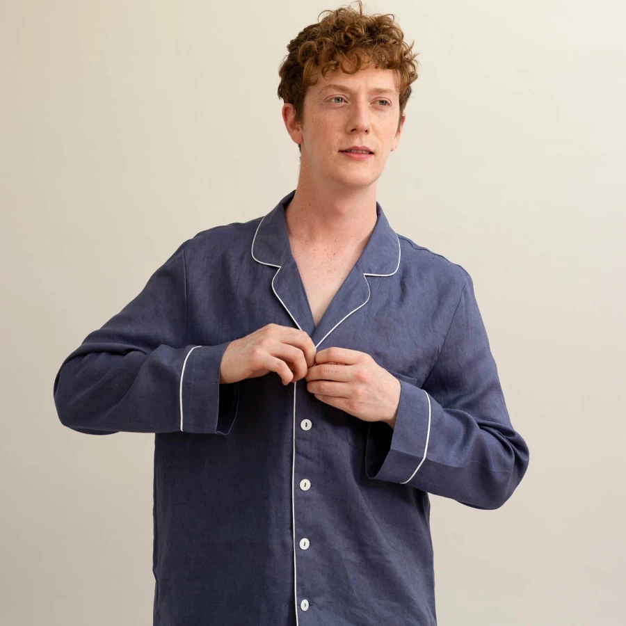 Piglet in Bed Men's Blueberry Linen Sleep Shirt - Relaxing Breathable Top for Comfortable Nights