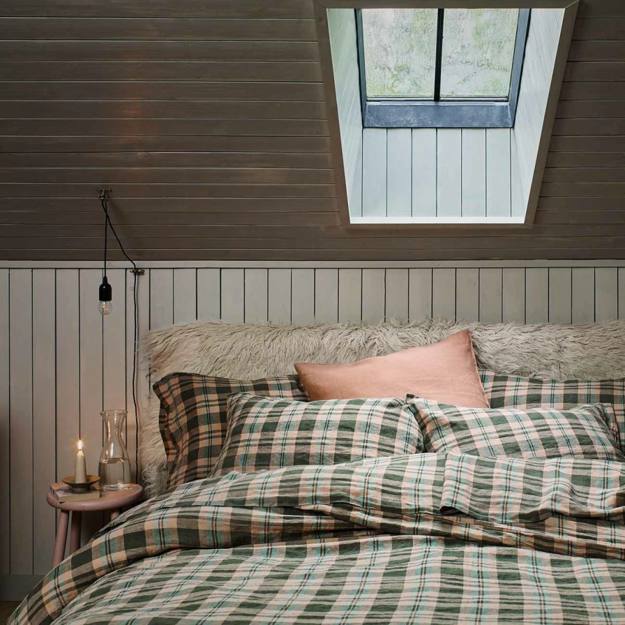 Piglet in Bed Fern Green Checkered Linen Duvet Cover Set - Organic & Breathable
