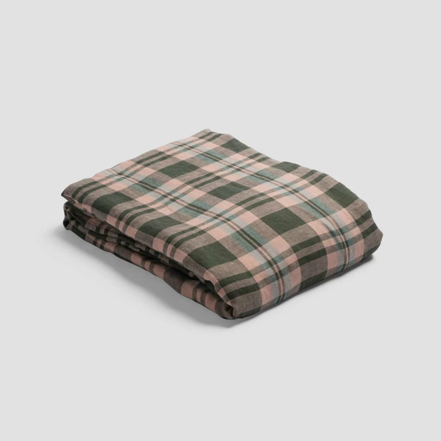Piglet in Bed Fern Green Checkered Linen Duvet Cover Set - Organic & Breathable