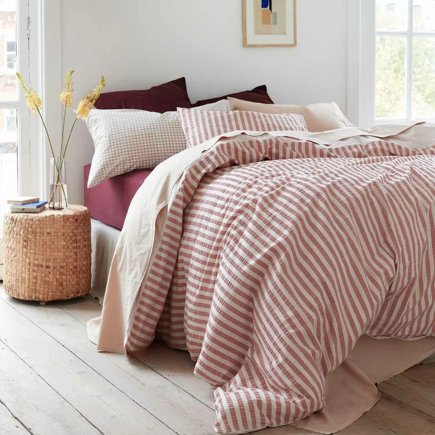 Piglet in Bed 100% Cotton Seersucker Duvet Cover - Breathable Striped Bedding in Desert Sand