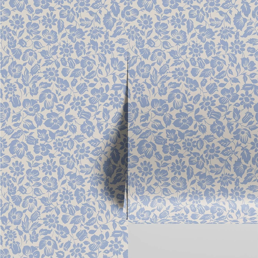 "Piglet in Bed Blue Meadow Floral Wallpaper – Premium Botanical Peel & Stick Wallpaper"
