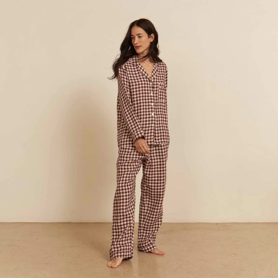Piglet in Bed Berry Gingham Cotton Pyjama Pants Set - Comfortable Sleepwear