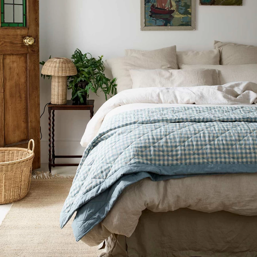 Piglet in Bed Blue Gingham Linen Quilt - Cozy, Reversible, All-Season Bedding