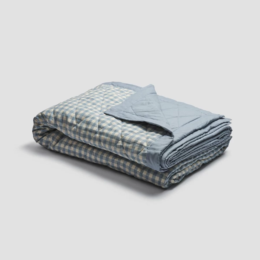 Piglet in Bed Blue Gingham Linen Quilt - Cozy, Reversible, All-Season Bedding