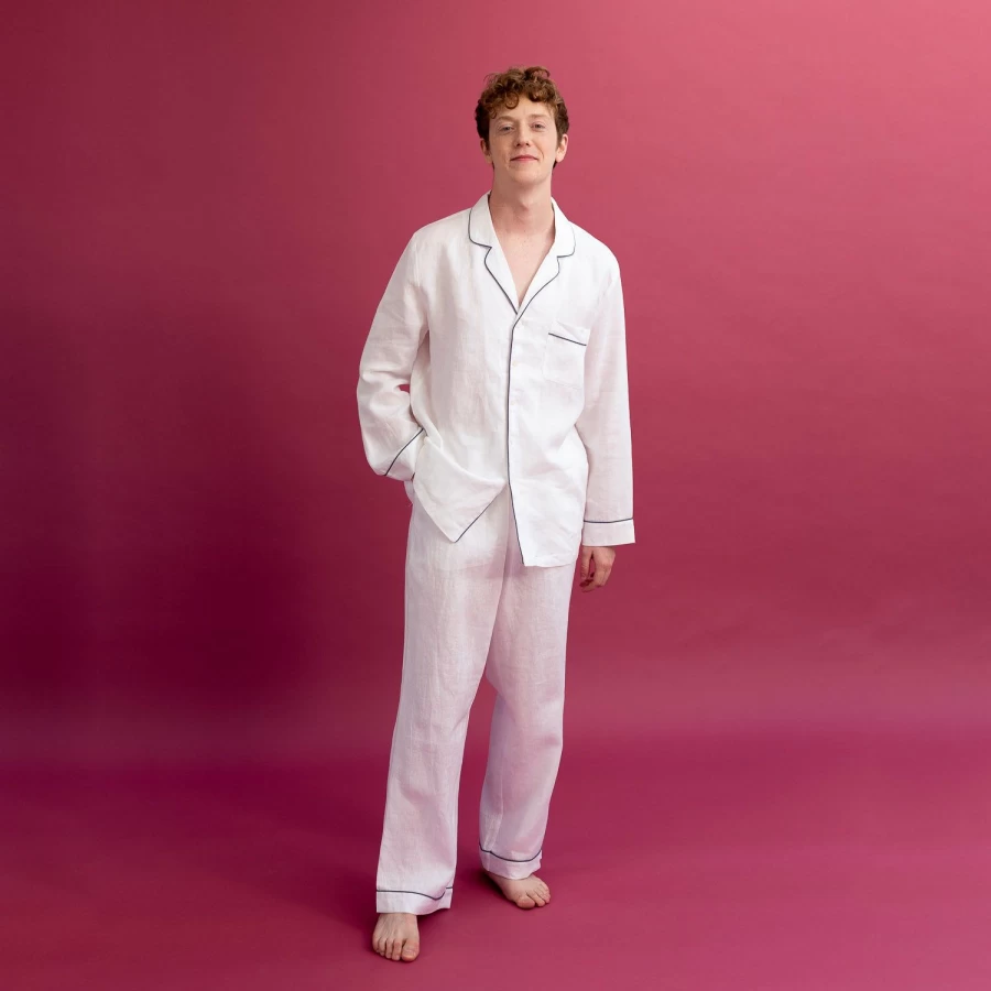 Piglet in Bed Men's White Linen Pajama Set - Relaxing Sleepwear Lounge Pants