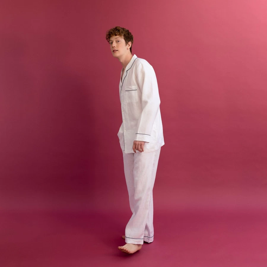 Piglet in Bed Men's White Linen Pajama Set - Relaxing Sleepwear Lounge Pants