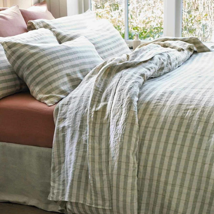 Piglet in Bed 100% Linen Flat Sheet - Pear Check Stripe - Premium Bedding