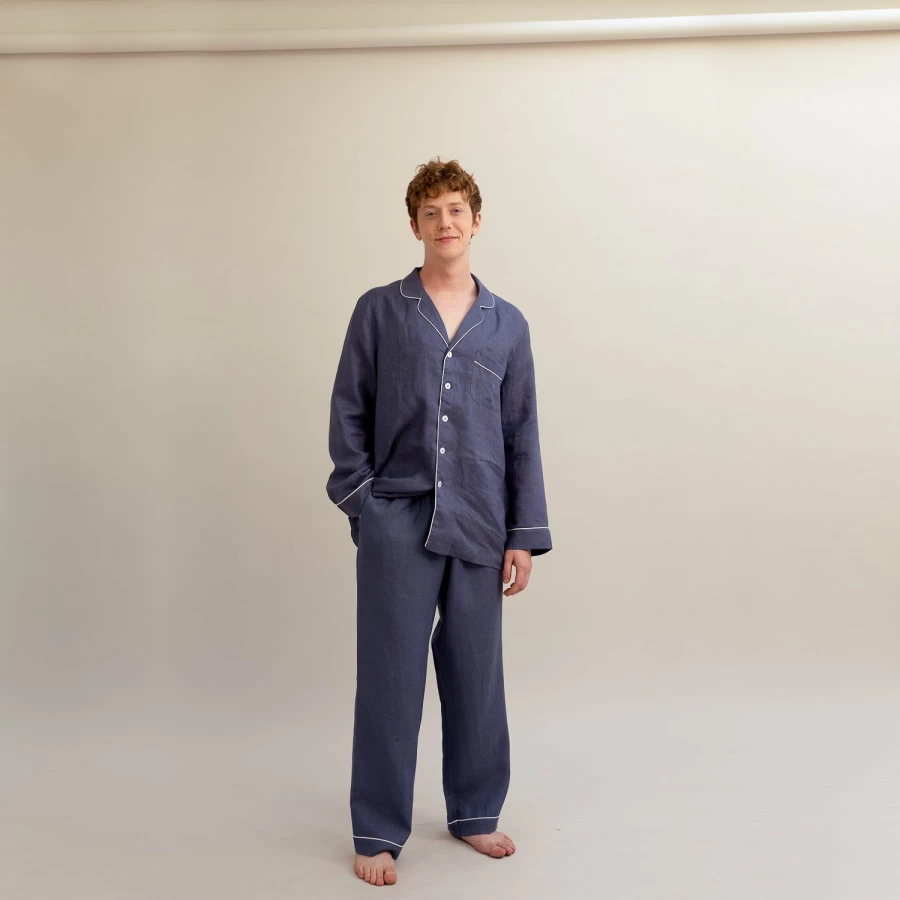 Piglet in Bed Men's Blueberry Linen Pajama Set - Comfortable Sleepwear for Men