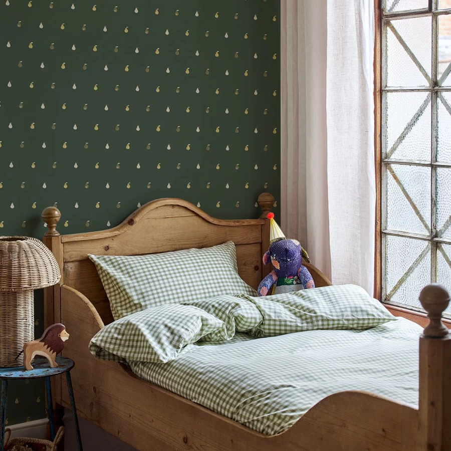 "Piglet in Bed Fern Green Pears Wallpaper – Botanical Peel & Stick Wallpaper"