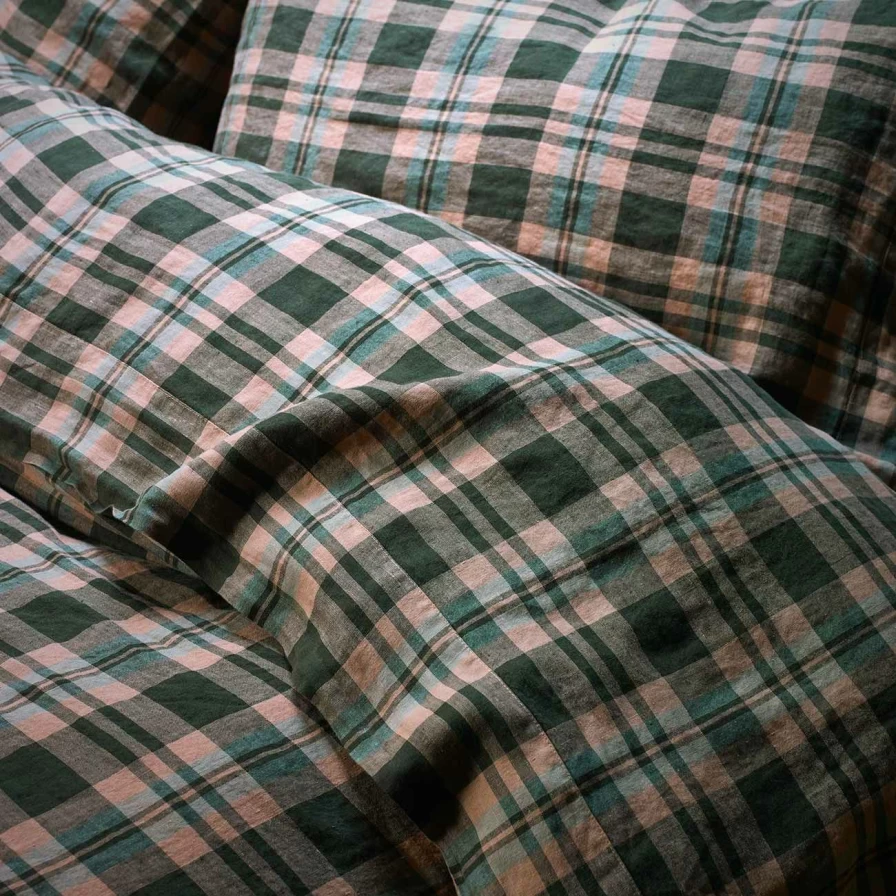 Piglet in Bed Fern Green Checkered Linen Flat Sheet - Premium 100% European Flax Bedding
