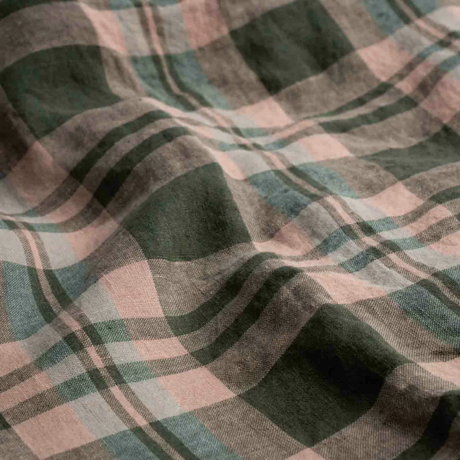 Piglet in Bed Fern Green Checkered Linen Flat Sheet - Premium 100% European Flax Bedding