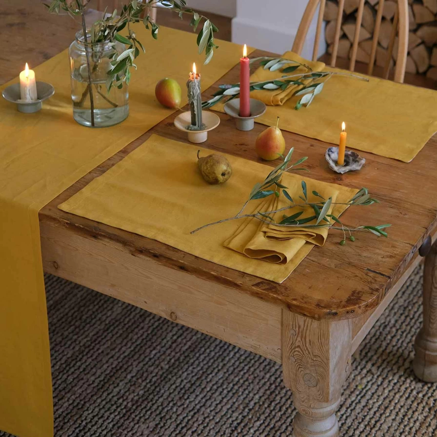 Piglet in Bed Honey Linen Table Runner - Natural Handwoven Organic Cotton Dining Table Decor