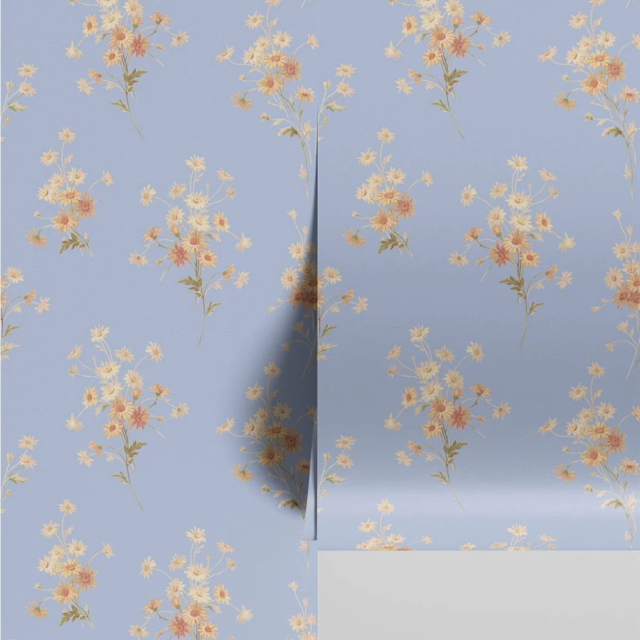 "Piglet in Bed Heather Blue Daisy Bouquet Wallpaper – Floral Botanical Peel and Stick Wallpaper"