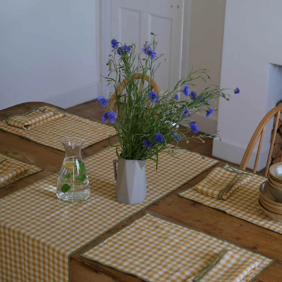 Piglet in Bed Honey Gingham Linen Placemats Set of 4 - Natural Table Decor, Washable & Durable Kitchen Dining Mats