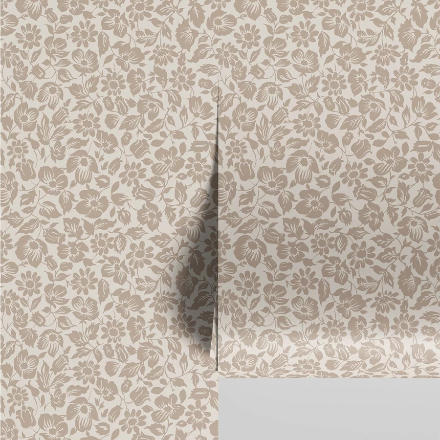 "Piglet in Bed Warm Taupe Meadow Floral Wallpaper – Nature-Inspired Home Decor"