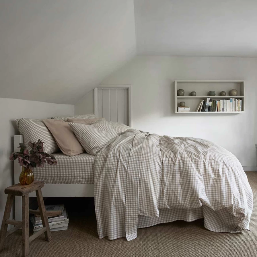 Piglet in Bed Cafe Au Lait Small Gingham Cotton Duvet Cover - Checkered Bedding Set - Soft Breathable Fabric