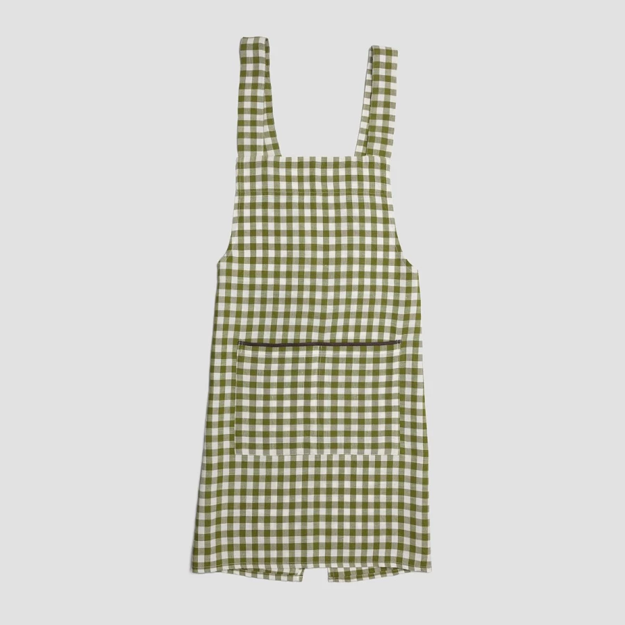 Piglet in Bed Botanical Green Gingham Linen Apron - Organic Cotton Kitchen Apron with Adjustable Straps