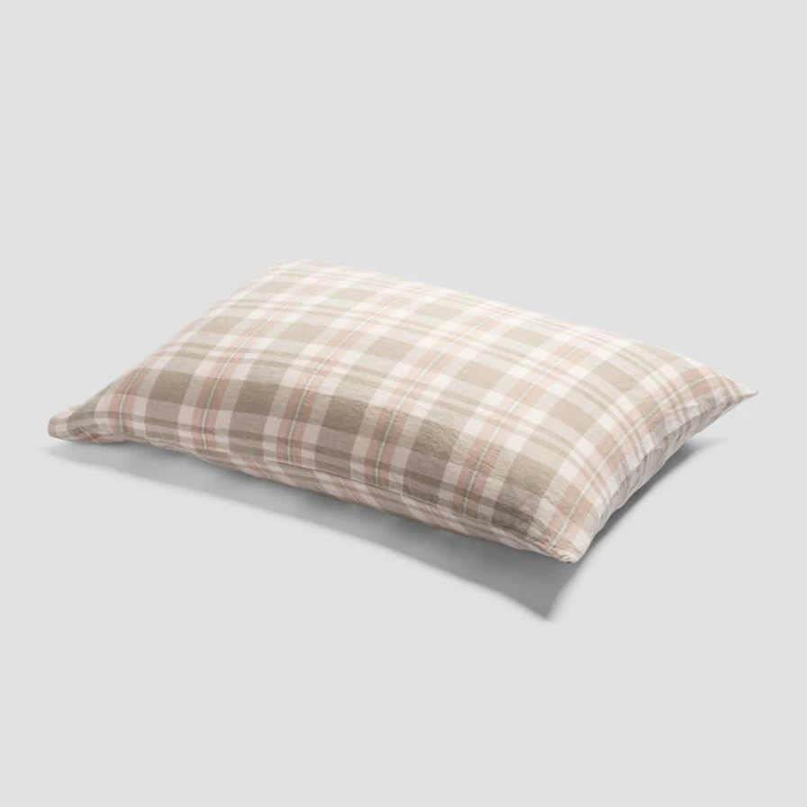 Piglet in Bed Taupe Check Linen Pillowcase Set - 100% Natural Soft Bedding (Pair)